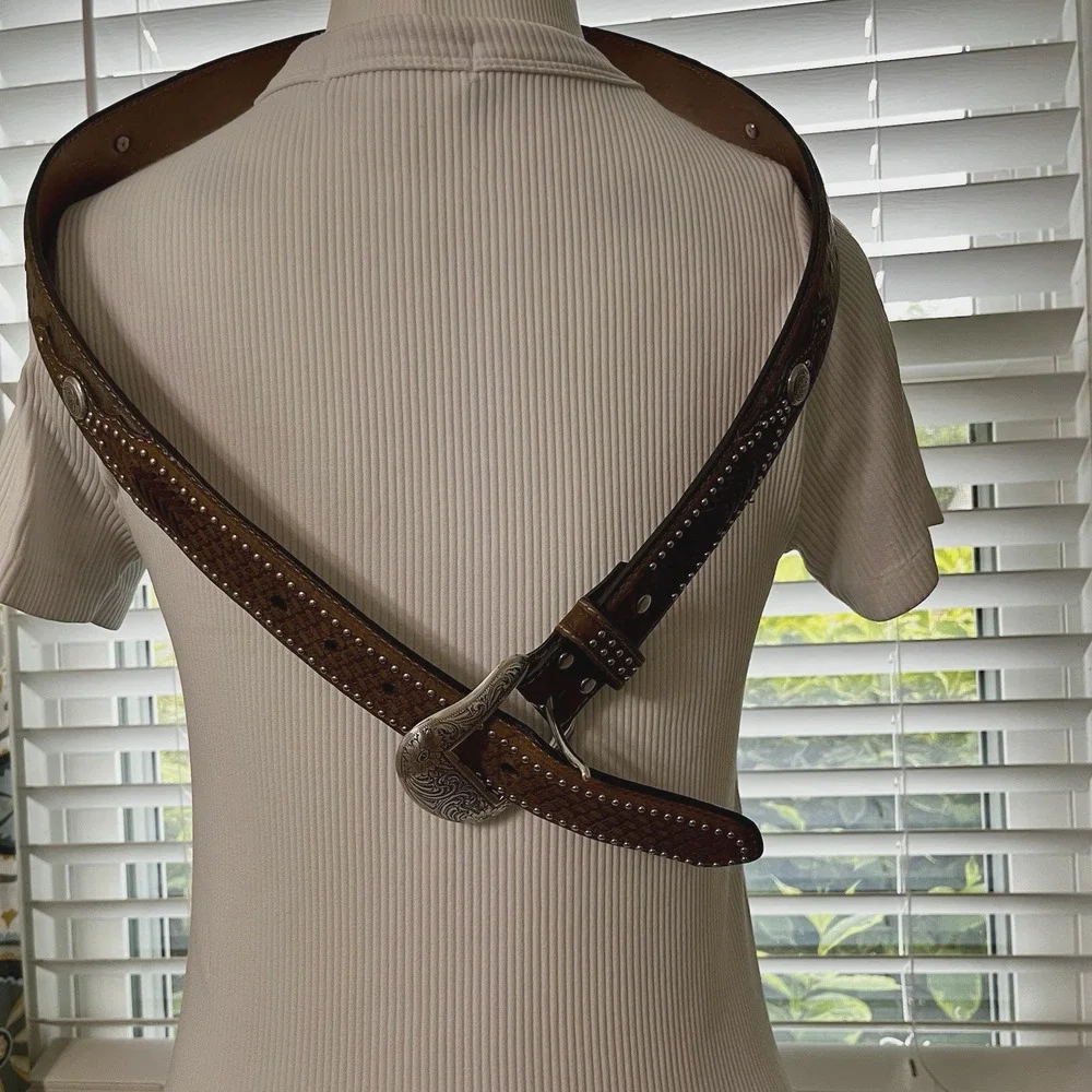 Nocona Mens Brown Ostrich Leather Studded Western Belt Sz 40 N2491844 EUC